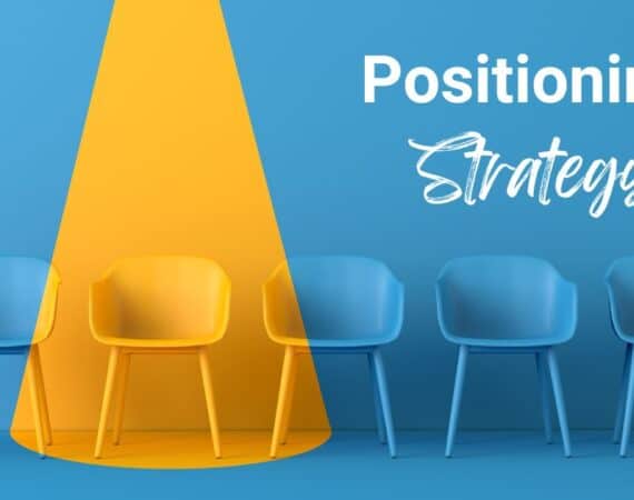 Four blue chairs, one is yellow with text "positioning strategy"