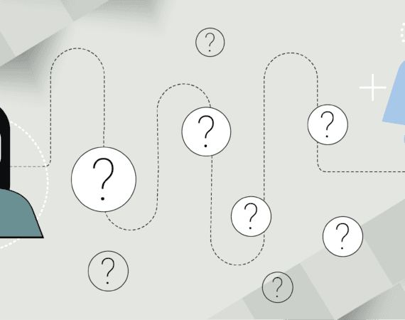 Graphic with a woman on one side, a puzzle piece on the other, and question marks in between