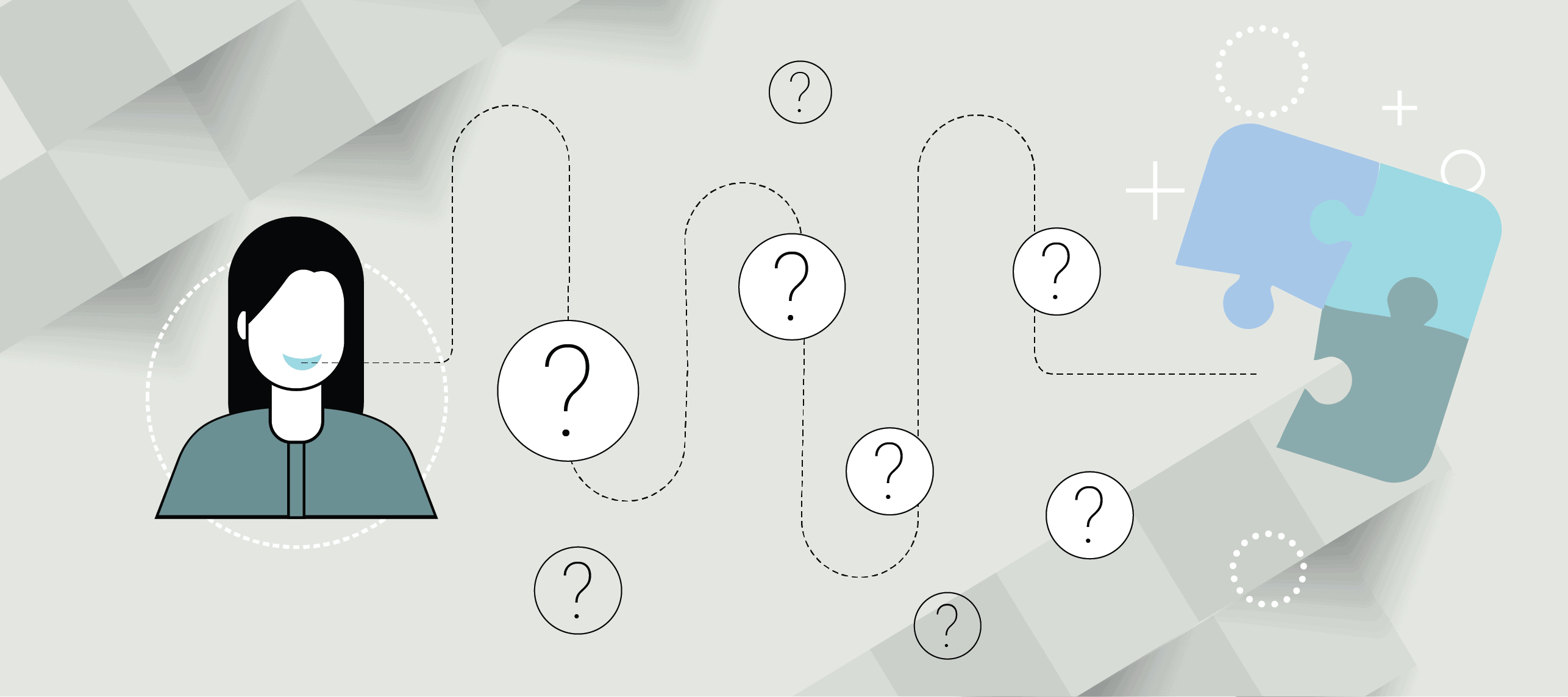 Graphic with a woman on one side, a puzzle piece on the other, and question marks in between