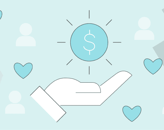 A graphic of a hand holding a price tag, surrounded by hearts, to represent product pricing.