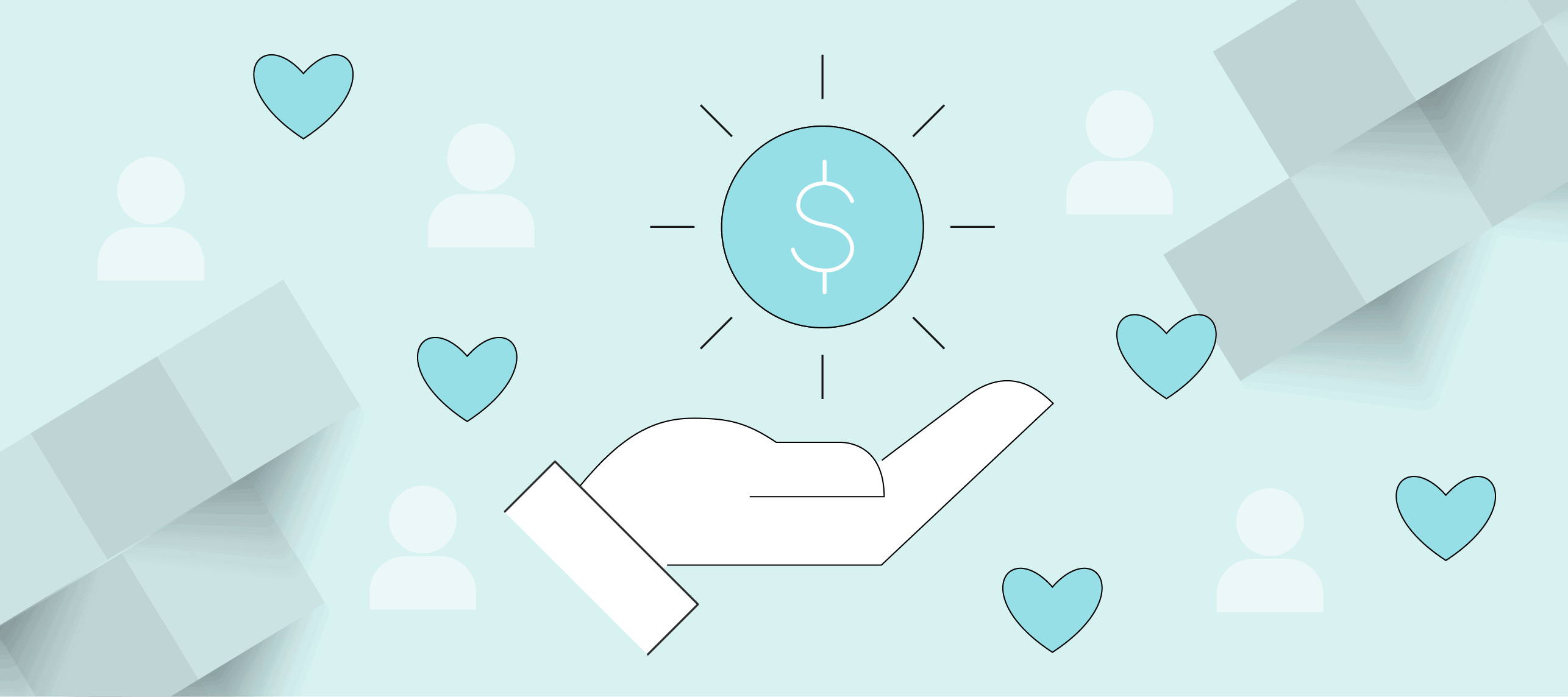 A graphic of a hand holding a price tag, surrounded by hearts, to represent product pricing.