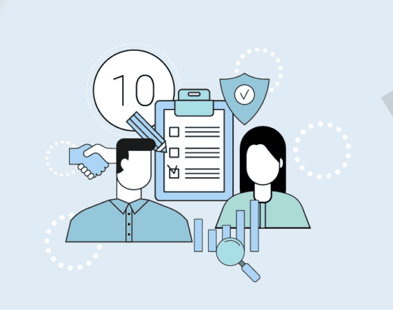 An illustrated image with two people talking surrounded by clipboards and words to represent market research.