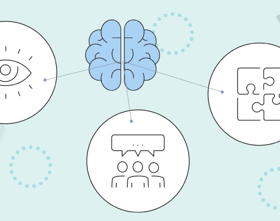 A graphic of a brain and various thought bubbles with images inside, intending to depict a commonsense approach to product planning