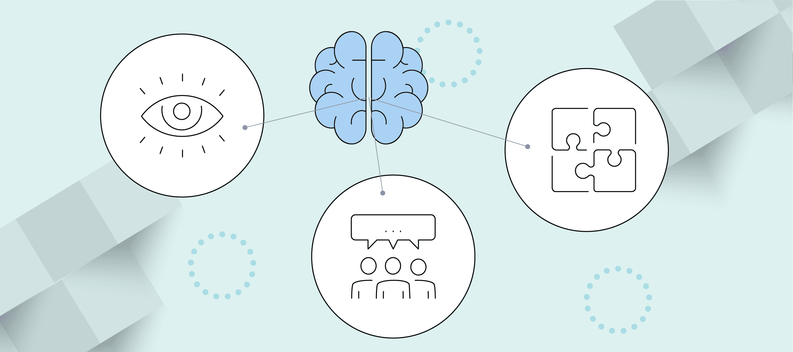 A graphic of a brain and various thought bubbles with images inside, intending to depict a commonsense approach to product planning
