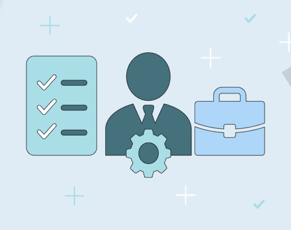 An illustration of a person in a suit, between a briefcase and a checklist, with a gear in front of them, to represent a product manager job interview.