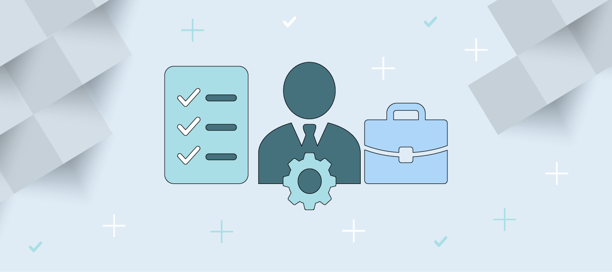 An illustration of a person in a suit, between a briefcase and a checklist, with a gear in front of them, to represent a product manager job interview.