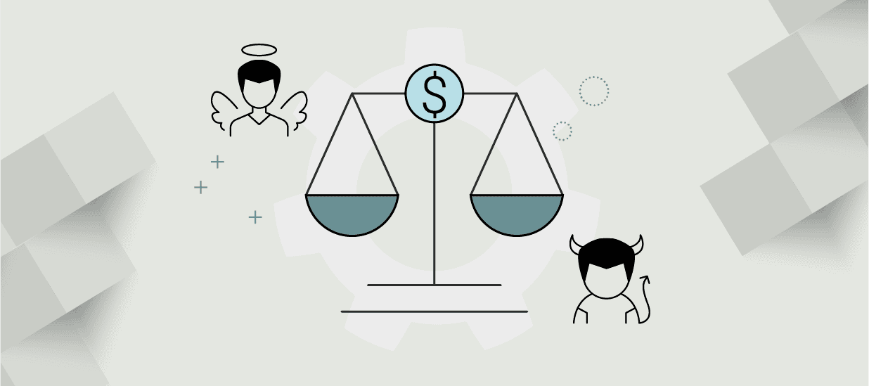 An illustration featuring an animated angel and devil in front of a pricing scale to represent ethical pricing strategies.