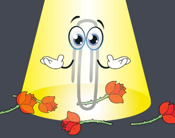 Illustration of Microsoft Clippy on a stage with roses on the ground.