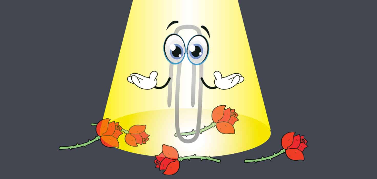 Illustration of Microsoft Clippy on a stage with roses on the ground.