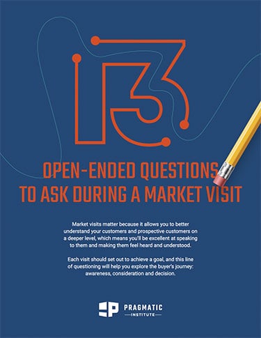 Cover of the 13 open-ended questions to ask during a market visit infographic by Pragmatic Insitute