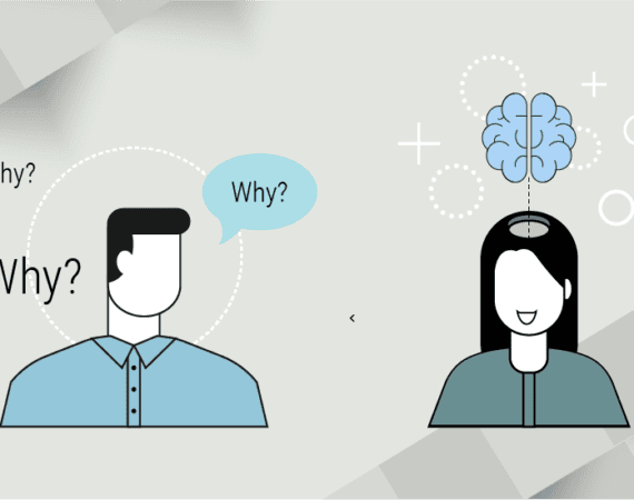 An illustration of a person reading another person's thoughts and asking "Why?" to represent a customer visit.