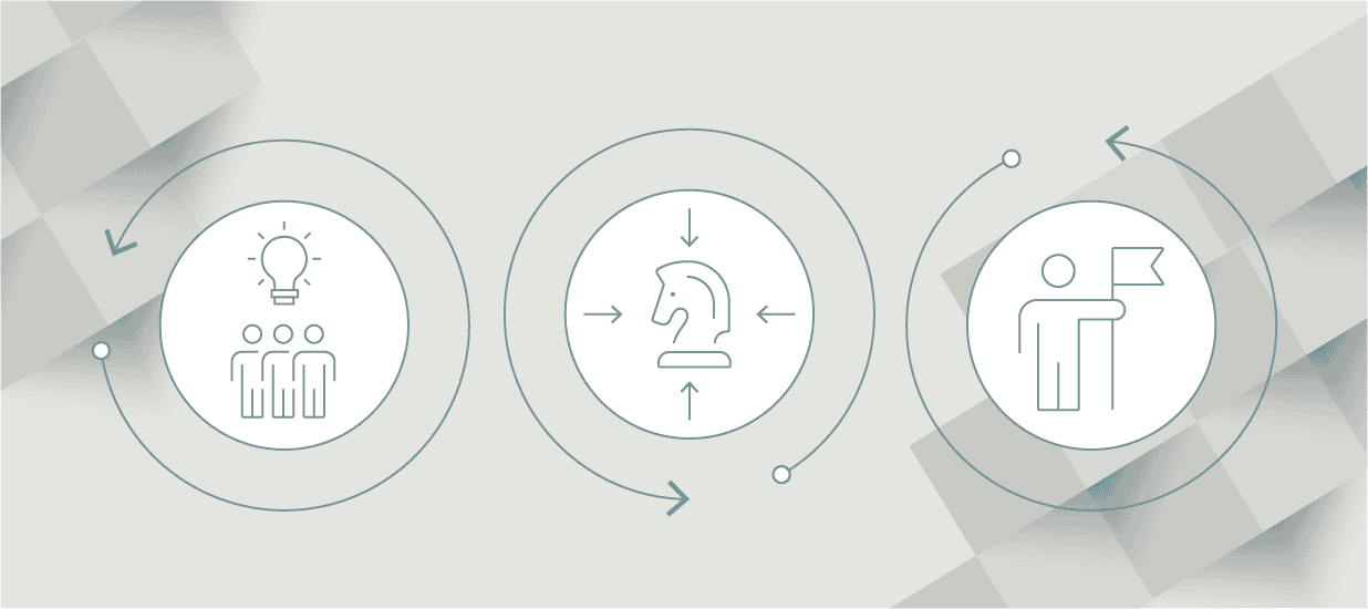An illustration featuring a group of people, a chess piece, and a person holding a flag, representing the 3 essential elements of product innovation which are culture, strategic focus, and discipline.
