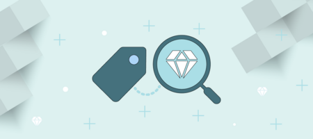 An illustration of a magnifying glass over a diamond, attached to a paper price tag, to represent clarity in product positioning.