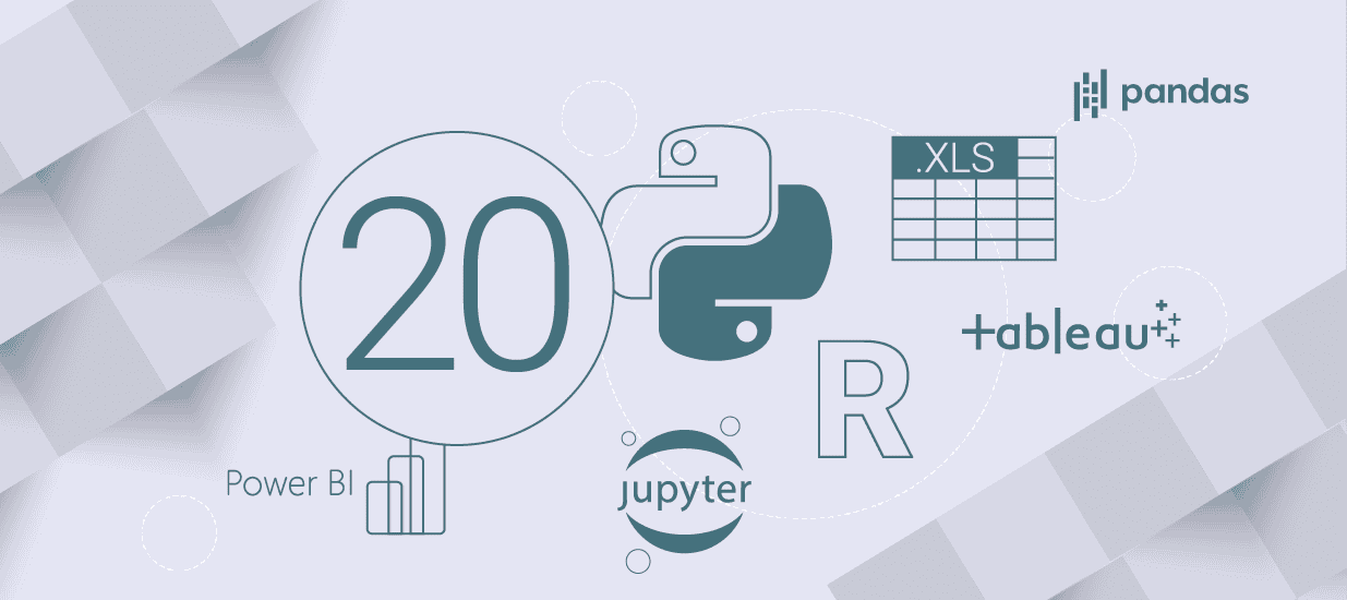 An illustration featuring useful tools for data scientists, including data analytics and data visualization software tool logos.