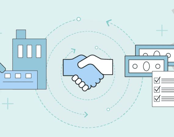 An illustatrion of a handshake surrounded by an office building, magnifying glass, resume, and money to represent salary negotiation for product managers.