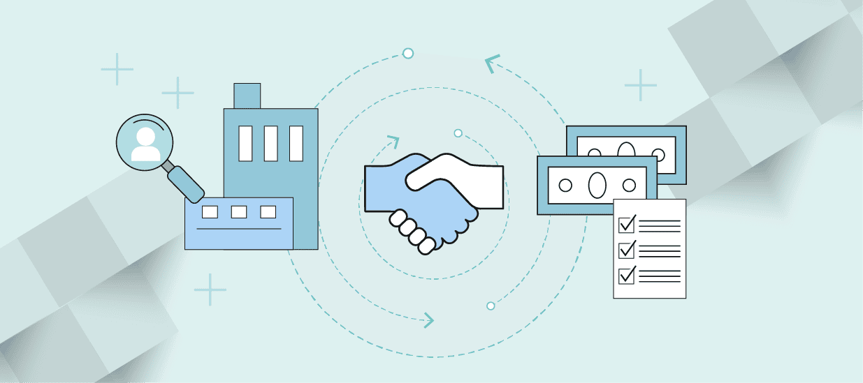 An illustatrion of a handshake surrounded by an office building, magnifying glass, resume, and money to represent salary negotiation for product managers.