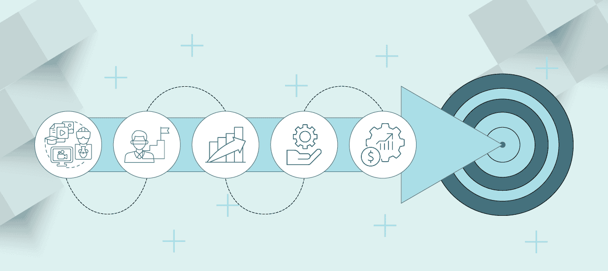 An arrow pointing toward a bullseye, with various icons representing improved team performance.