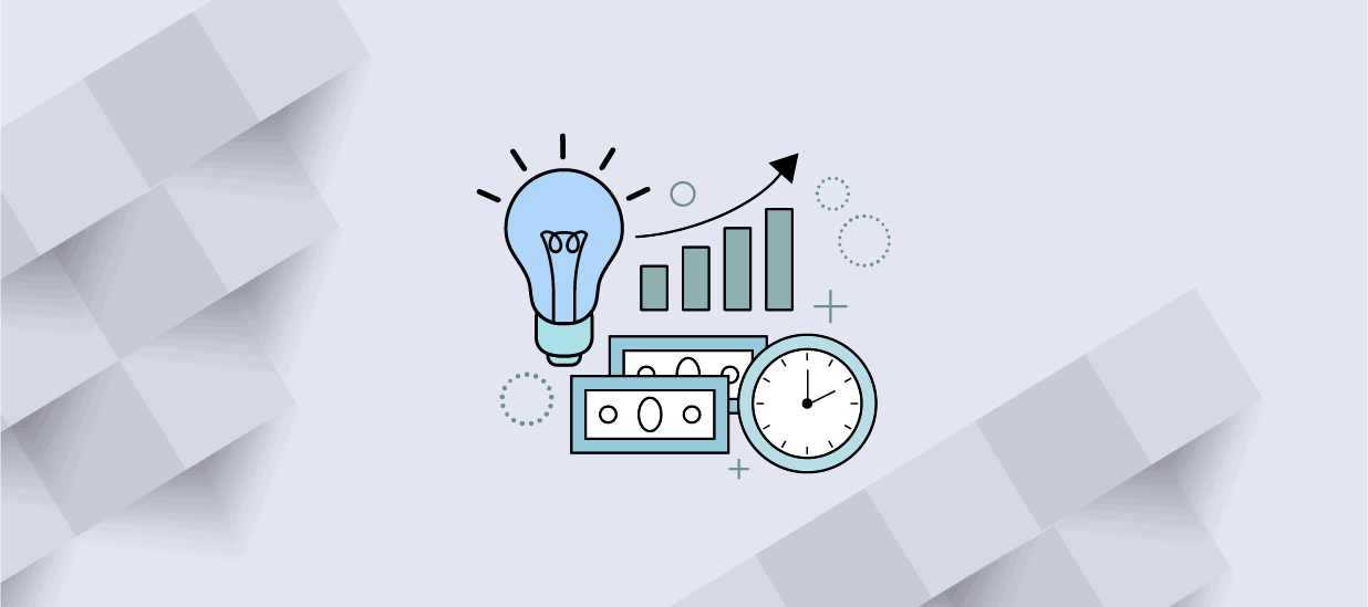 Icons including a lightbulb, dollar bills, a bar chart trending upwards, and a clock