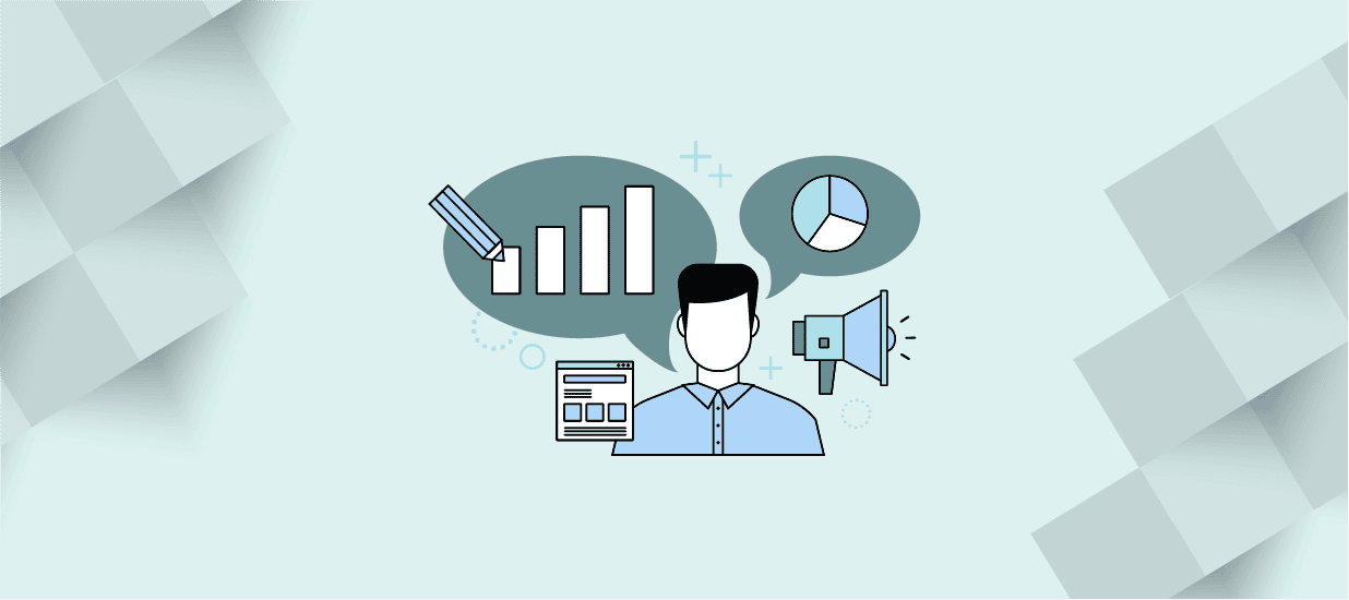 A short-haired figure surrounded by a speech bubble containing a bar graph and pencil, a speech bubble containing a pie chart, and a megaphone