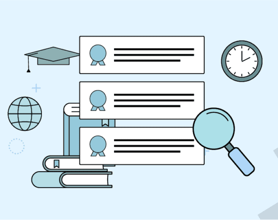 Icons including a graduation cap, globe, books, certificates, and magnifying glass, representing choosing a product management certification