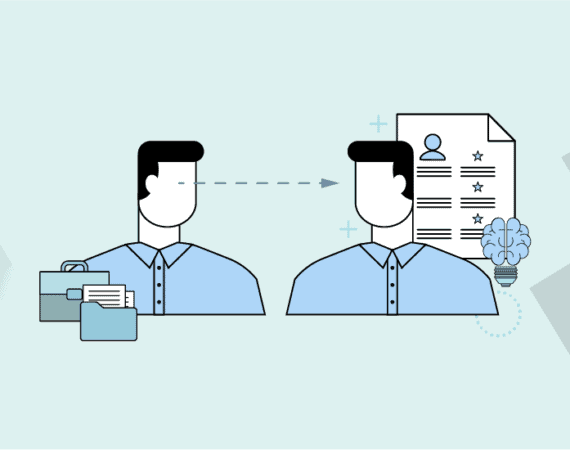Two short-haired figures mirroring one another; the one on the left has a briefcase and the one on the right has a resume, symbolizing professional growth