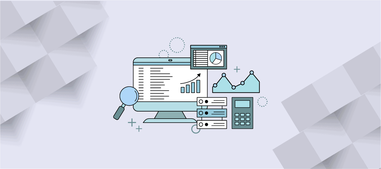 Icons of a computer monitor displaying graphs and data, surrounded by a magnifying glass, calculator, and other charts