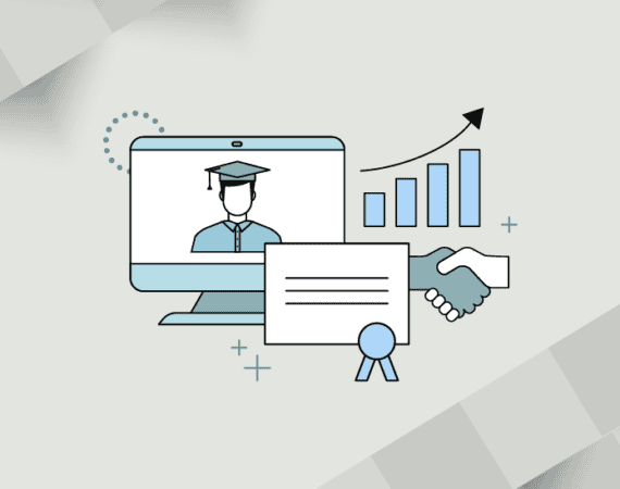 A virtual graduate, a diploma, a handshake, and a rising bar graph in a minimalist style