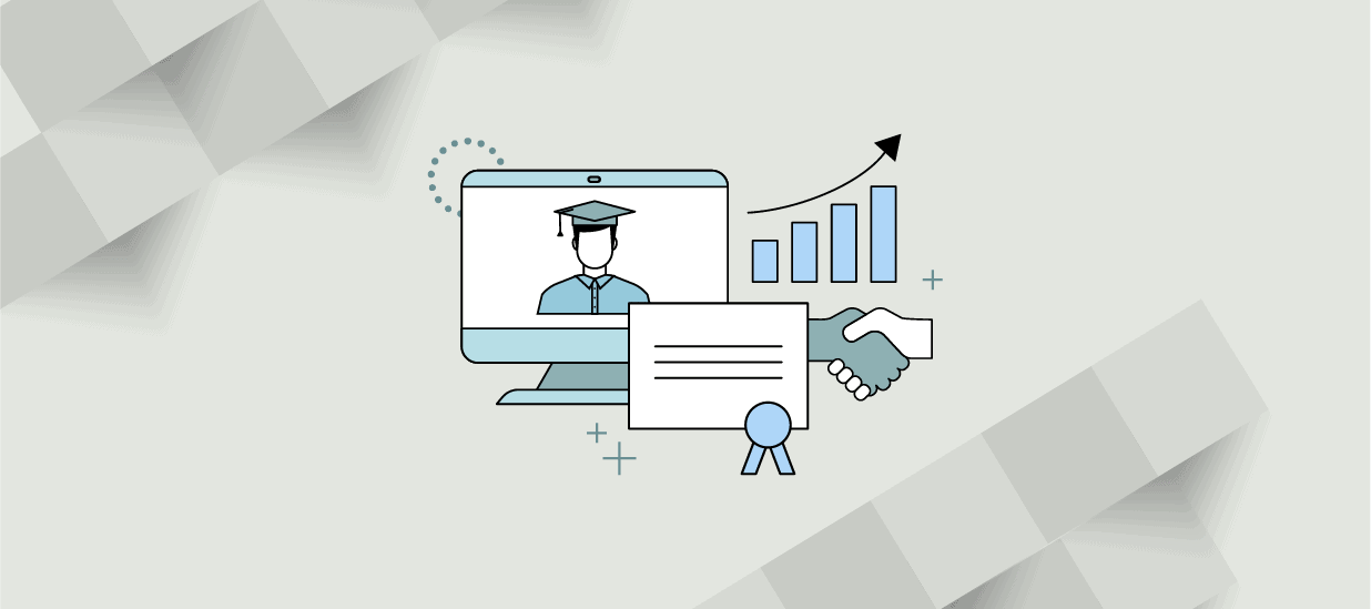 A virtual graduate, a diploma, a handshake, and a rising bar graph in a minimalist style