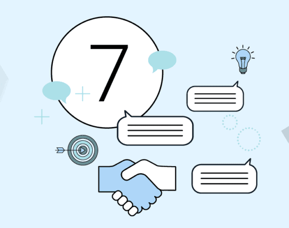Icons of the number 7, several speech bubbles, and shaking hands