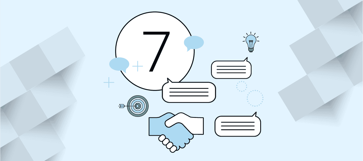 Icons of the number 7, several speech bubbles, and shaking hands