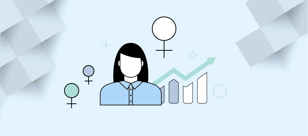 An illustration of a woman with black hair and a blue collared shirt surrounded by the female gender symbol and a graph with a line trending upwards