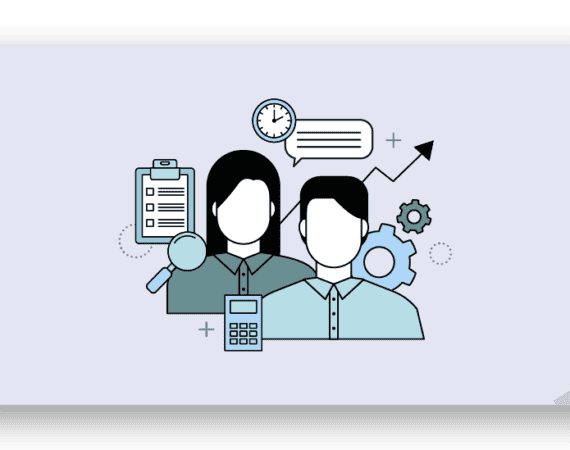 Two illustrated people representing product operations and product management, surrounded by documents and symbols.
