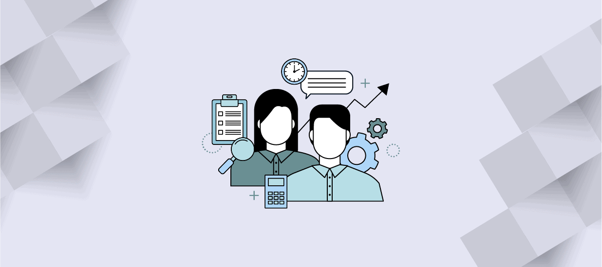 Two illustrated people representing product operations and product management, surrounded by documents and symbols.