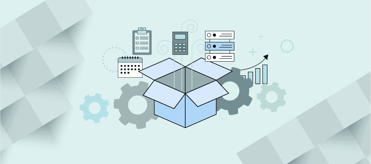 Graphic of box with various business elements around it depicting product operations