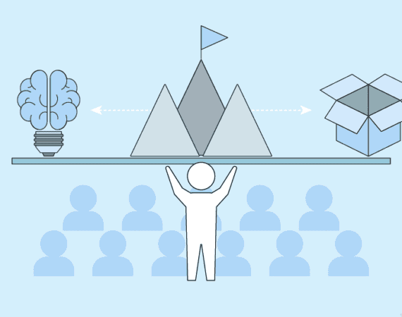 A graphic illustrating product leadership, featuring a small person holding a mountain above their head surrounded by other people.