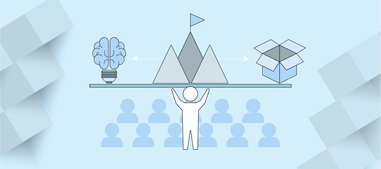 A graphic illustrating product leadership, featuring a small person holding a mountain above their head surrounded by other people.