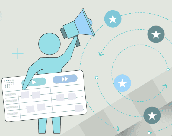 Product marketing roadmap graphic with person holding megaphone and a product roadmap