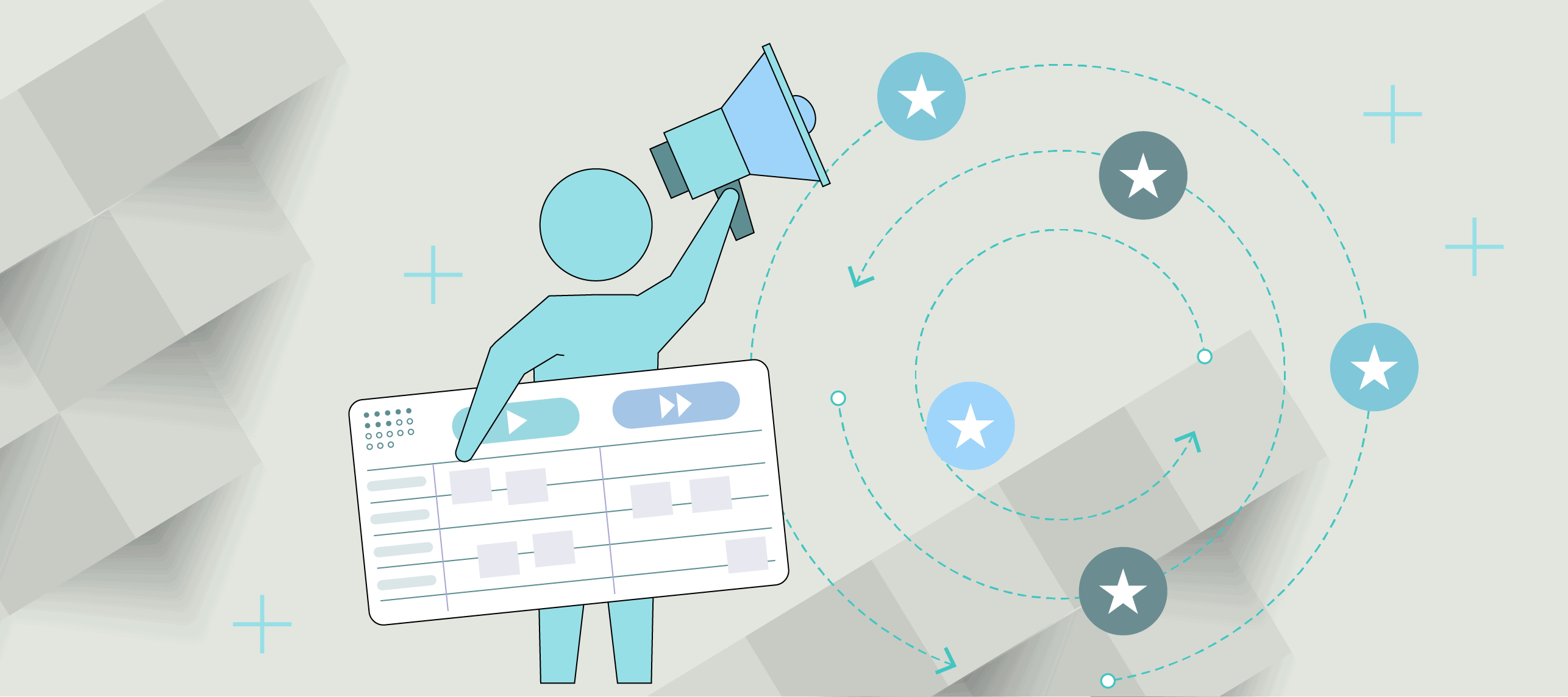 Product marketing roadmap graphic with person holding megaphone and a product roadmap