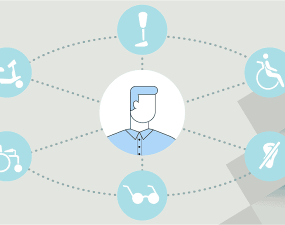 Image of person in center of bubbles that have various accessibility graphics in them, like wheelchairs, glasses, mobility aids. This depicts a product manager helping products be designed with accessibility in mind.
