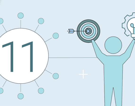 An illustration of a person holding up a lightbulb and a bullseye, with the number 11, representing the 11 things you can learn in product management training.