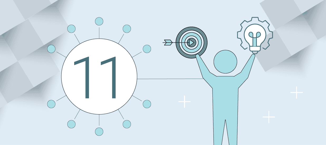 An illustration of a person holding up a lightbulb and a bullseye, with the number 11, representing the 11 things you can learn in product management training.