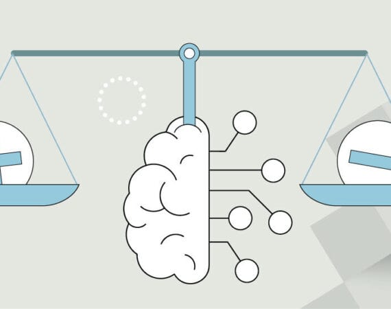 graphic depicting a brain as a scale weighing AI and ethics depicting the challenge of using AI responsibly