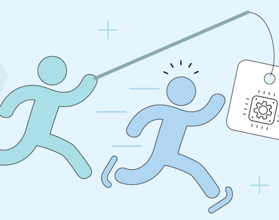 Graphic depicting one person chasing something being dangled by another, indicating the hype of AI in product management