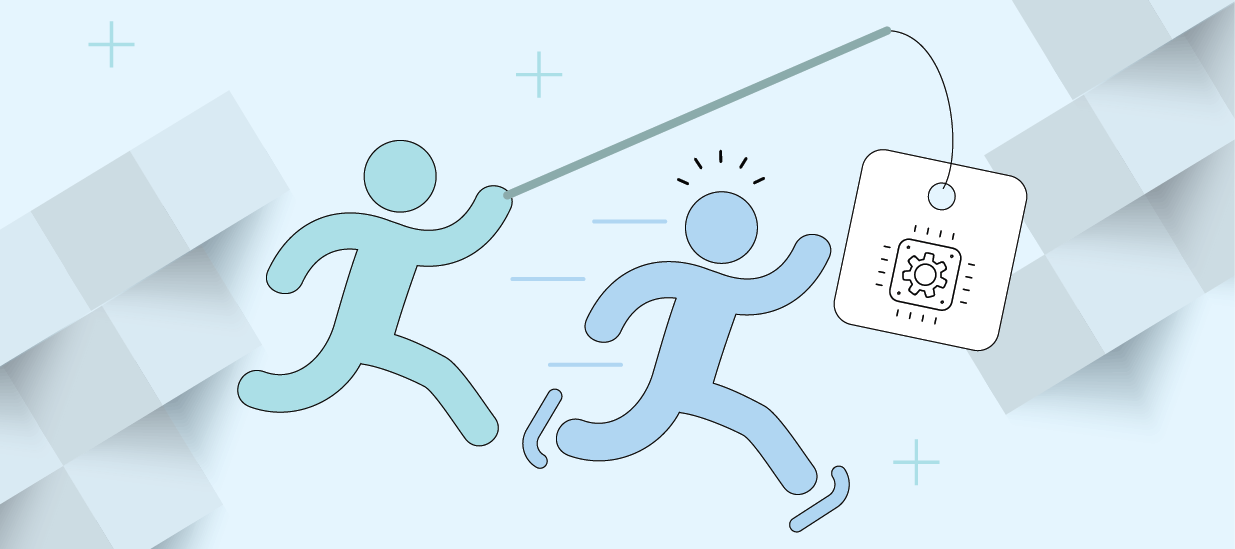Graphic depicting one person chasing something being dangled by another, indicating the hype of AI in product management