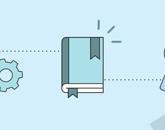 Graphic of gears, a book and magnifying glass meant to depict how product ops works within organizations