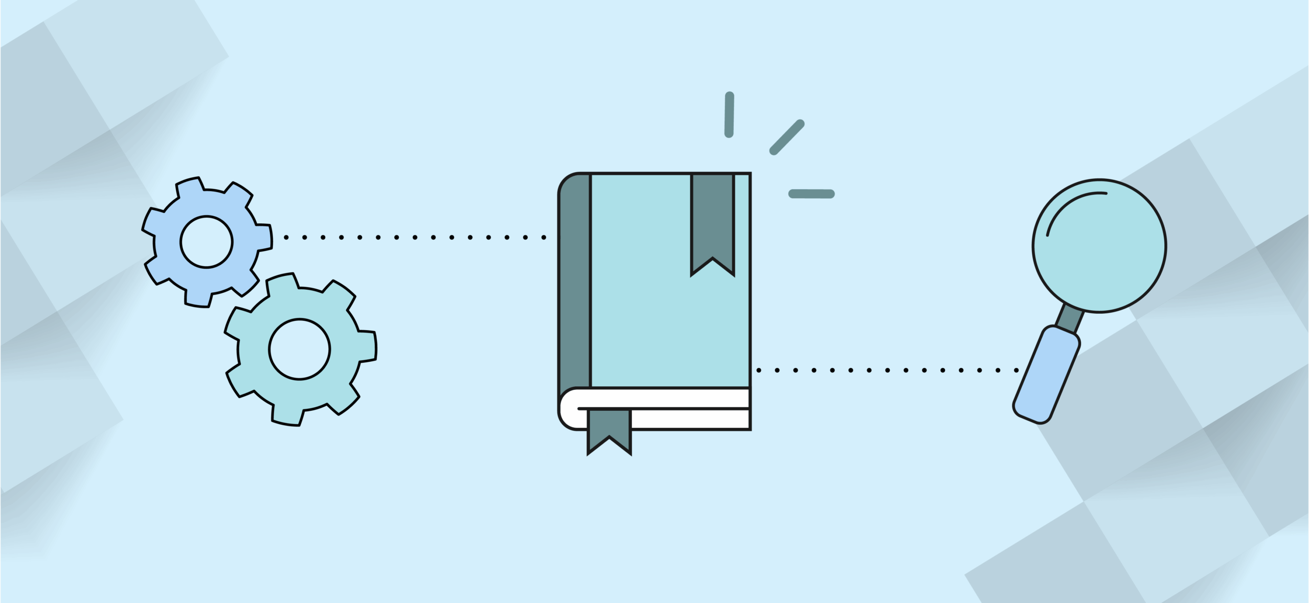 Graphic of gears, a book and magnifying glass meant to depict how product ops works within organizations