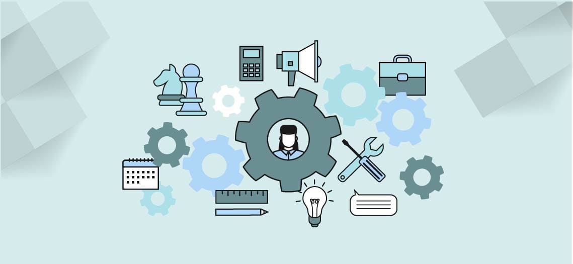 Graphic with a gears with a person at the center depicting how product ops works with the pragmatic framework