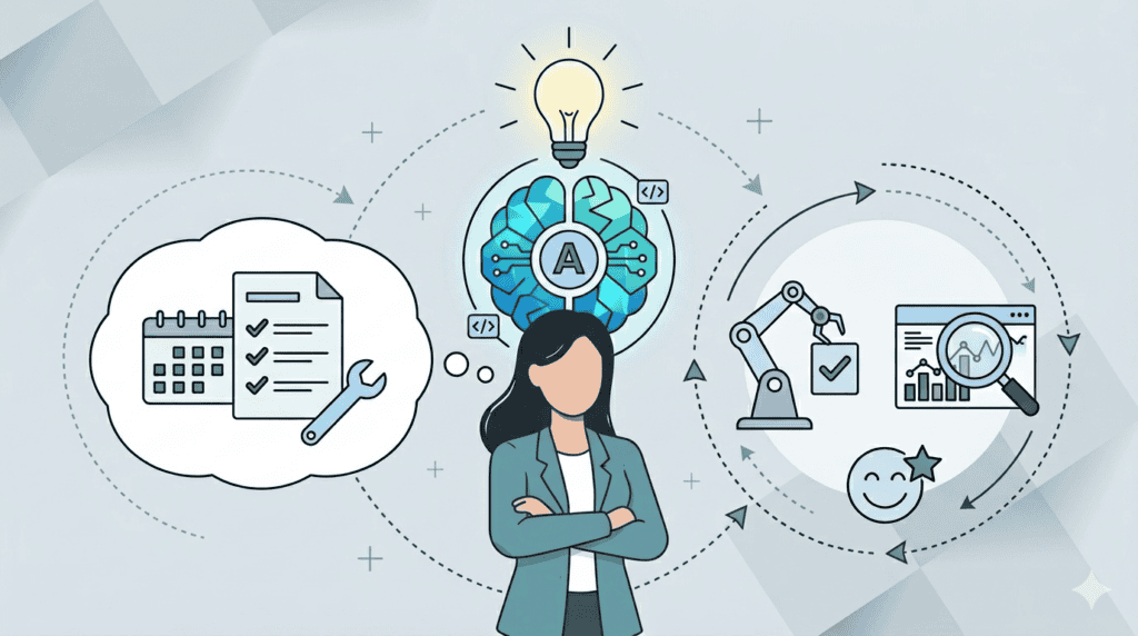 graphic of product manager surrounded by various bubbles with activities happening in them. Depicting AI Agents doing product management tasks.