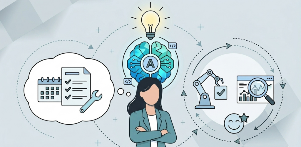 graphic of product manager surrounded by various bubbles with activities happening in them. Depicting AI Agents doing product management tasks.