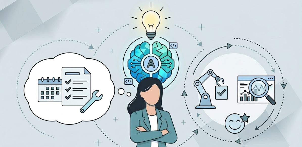 graphic of product manager surrounded by various bubbles with activities happening in them. Depicting AI Agents doing product management tasks.